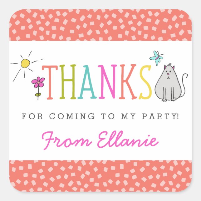 Coloured Doodles Birthday Favour Stickers / Kitty (Front)