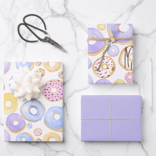 Coloured Doughnuts Pink Purple Yellow Wrapping Paper Sheet (Front)