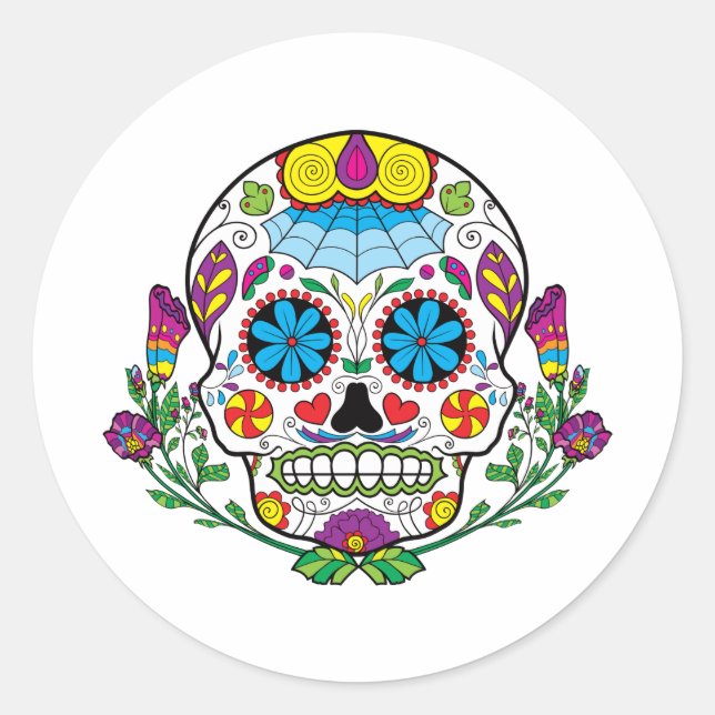 Coloured Flowers Mexican Tattoo Sugar Skull Classic Round Sticker (Front)