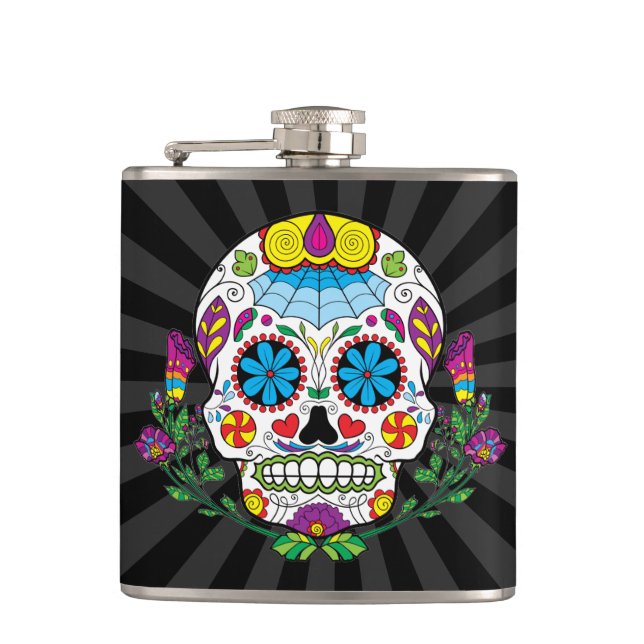 Coloured Flowers Mexican Tattoo Sugar Skull Hip Flask (Front)