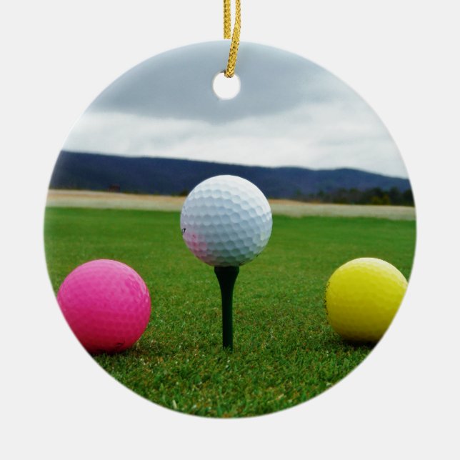 Coloured Golf Balls, mountain tee Ceramic Tree Decoration (Front)