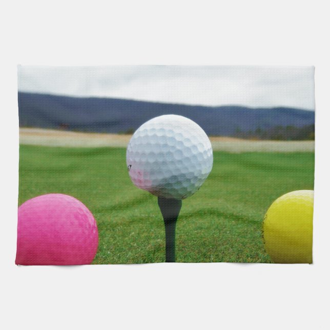 Coloured Golf Balls, mountain tee Tea Towel (Horizontal)