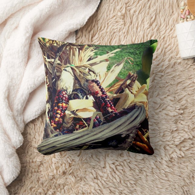 Coloured Indian Corn In Wicker Basket Fall  Cushion (Blanket)
