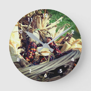 Coloured Indian Corn In Wicker Basket Fall  Round Clock