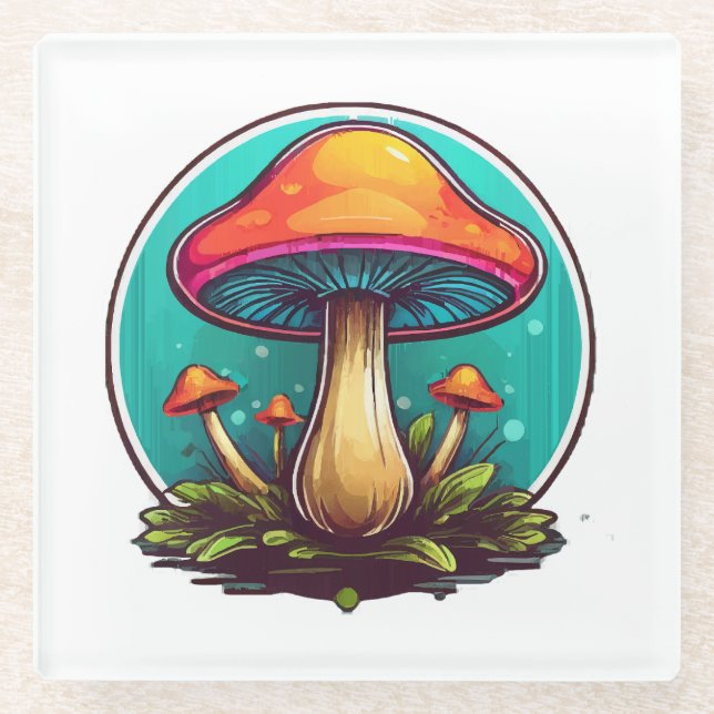 Coloured Magic Mushrooms Glass Coaster (Front)