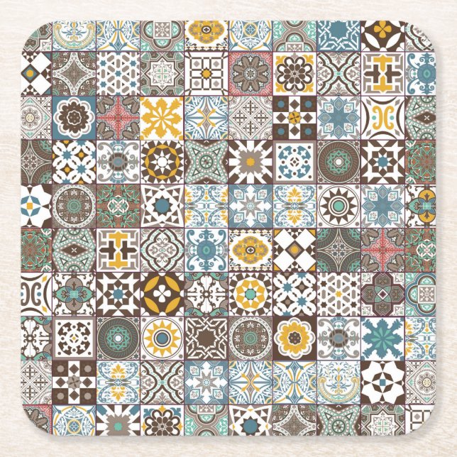 Coloured Moroccan tile Square Paper Coaster (Front)