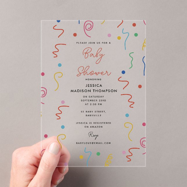 Coloured Party Confetti Baby Shower Acrylic Invitations (Insitu (Handheld))