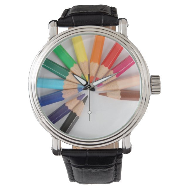 Coloured Pencil Colour Wheel Watch with black band (Front)