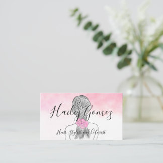 Coloured Pencil Girl with Braid Pink Watercolor Business Card