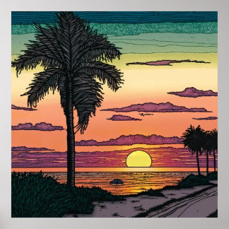 Coloured Pencil look of a stunning beach sunset Poster