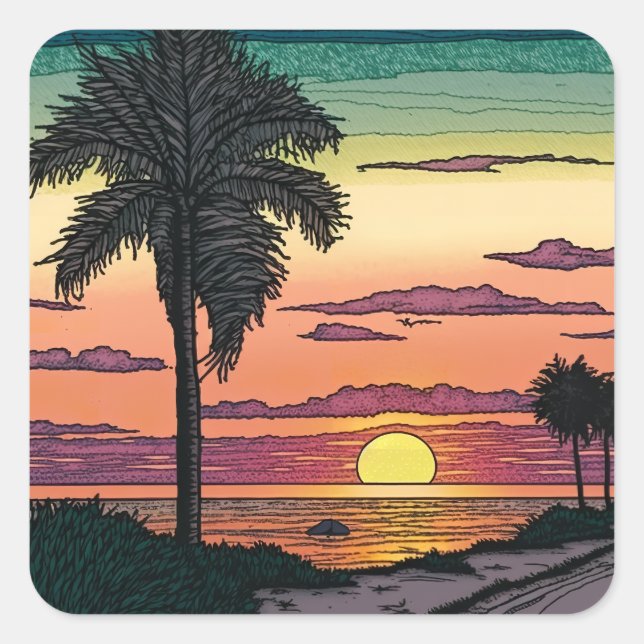 Coloured Pencil look of a stunning beach sunset Square Sticker (Front)