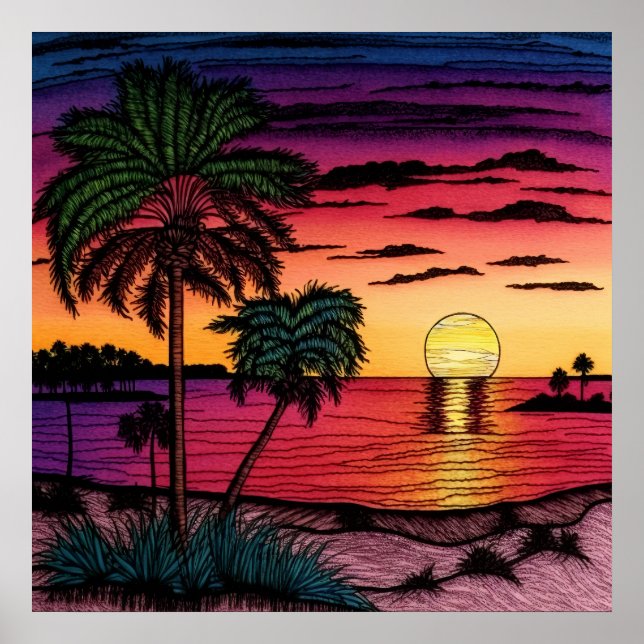 Coloured Pencil look of a stunning sunset Poster (Front)