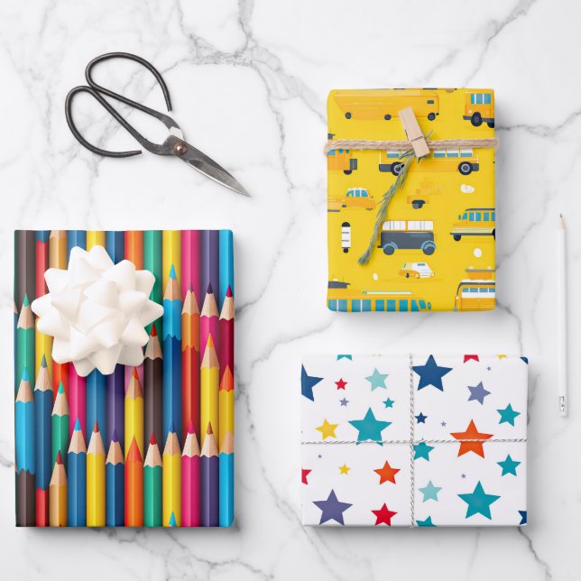 Coloured Pencil School Bus Colourful Stars Wrapping Paper Sheet (Front)