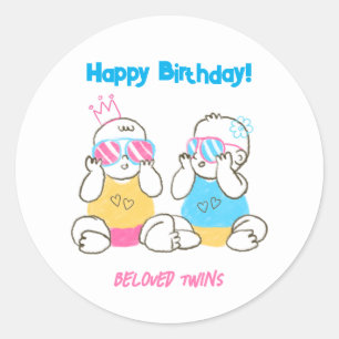 Coloured Pencil Twins Happy Birthday Round Sticker