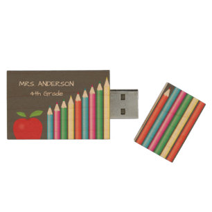 Coloured Pencils and Apple Teacher Wood USB Flash Drive