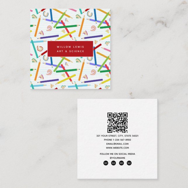 Coloured Pencils Art School Teacher Tutoring Square Business Card (Front/Back)