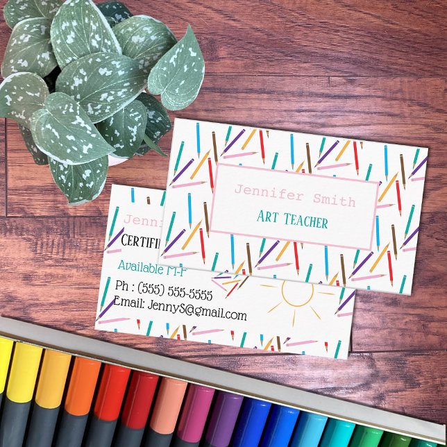 Coloured Pencils Art Teacher White Business Cards (On a desk , view on both sides .)