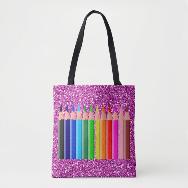 Coloured Pencils Pink Faux Glitter Tote Bag (Front)