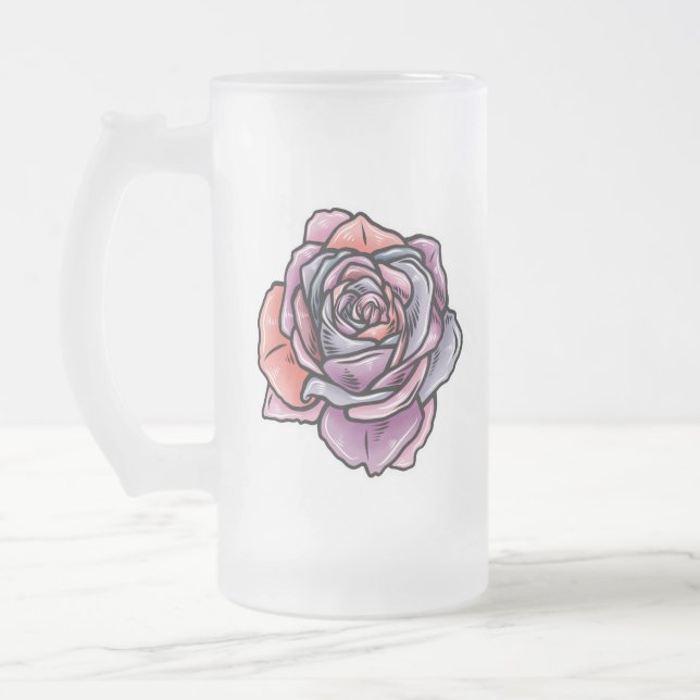 Coloured Rose Flower Frosted Glass Beer Mug (Left)