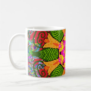 Coloured round floral mandala on a red, green and coffee mug