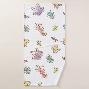 Coloured sealife pattern with seastars and fishes  bath towel