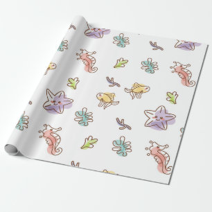 Coloured sealife pattern with seastars and fishes  wrapping paper