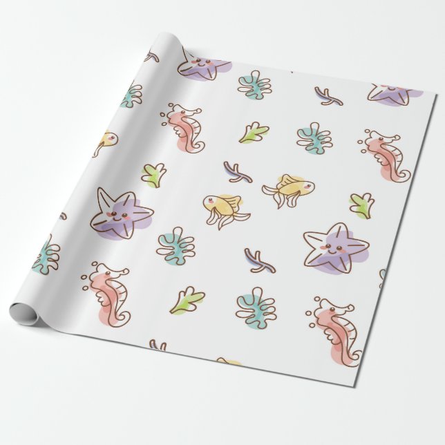 Coloured sealife pattern with seastars and fishes  wrapping paper (Unrolled)