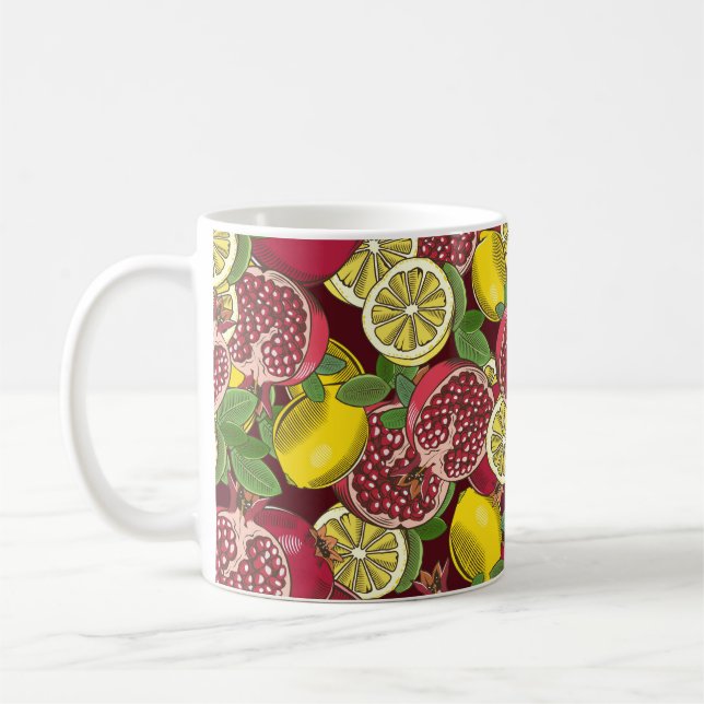 Coloured seamless pattern with pomegranates and le coffee mug (Left)