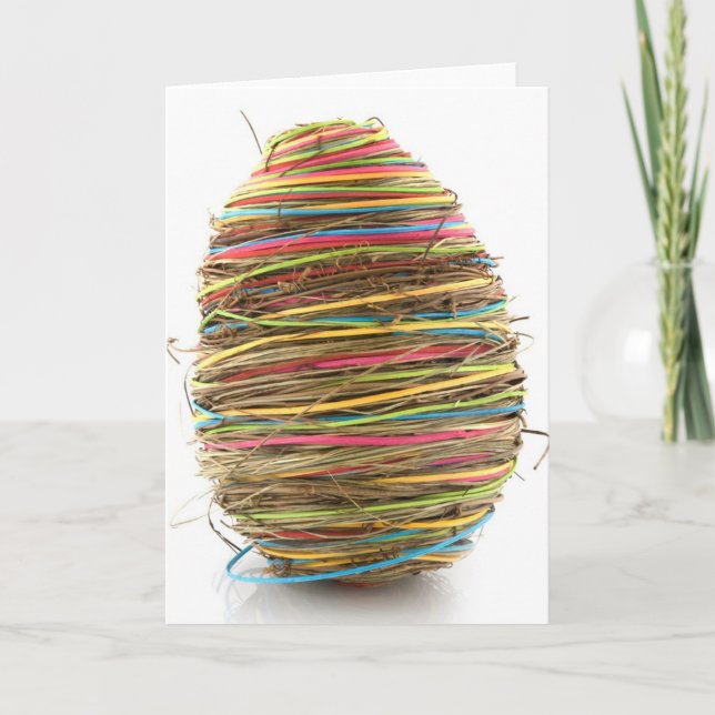 Coloured Straw Easter Eggs Over White Holiday Card (Front)