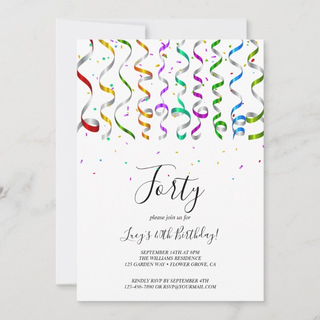 Coloured Streamers & Confetti 40th Birthday Invitation (Front)