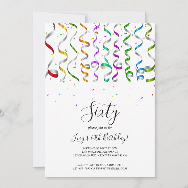 Coloured Streamers & Confetti 60th Birthday Invitation (Front)