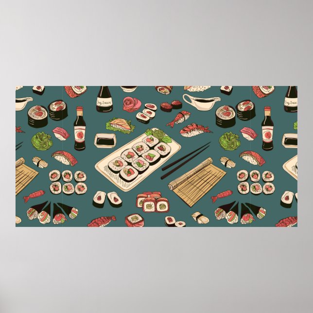 Coloured Sushi and rolls seamless pattern,excellen Poster (Front)