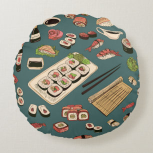 Coloured Sushi and rolls seamless pattern,excellen Round Cushion