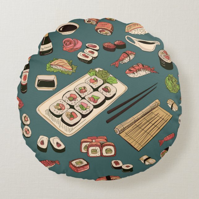 Coloured Sushi and rolls seamless pattern,excellen Round Cushion (Front)