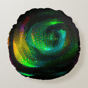 Coloured weird spiral with newsprint effect on dar round cushion