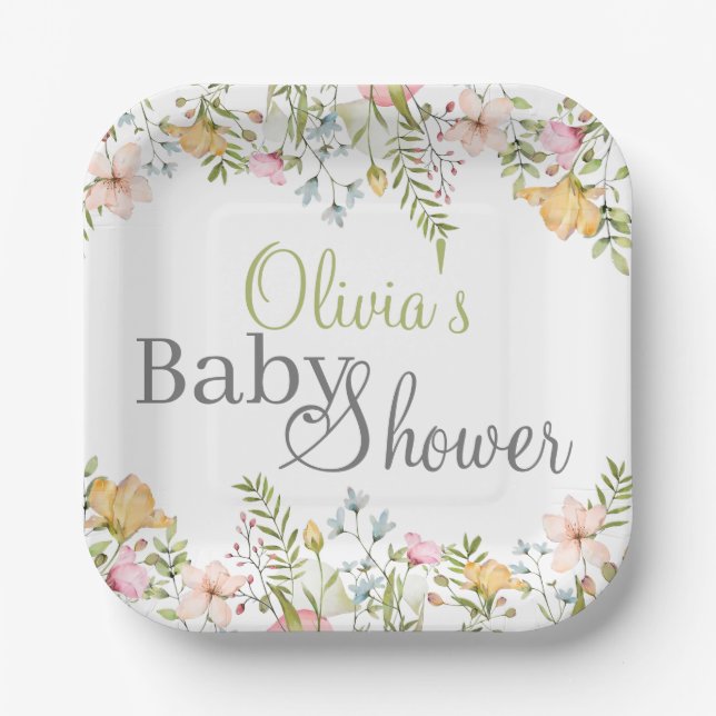 Coloured Wildflower Floral Baby Shower Paper Plate (Front)