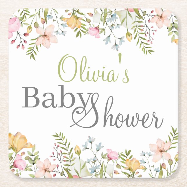 Coloured Wildflower Floral Baby Shower Square Paper Coaster (Front)