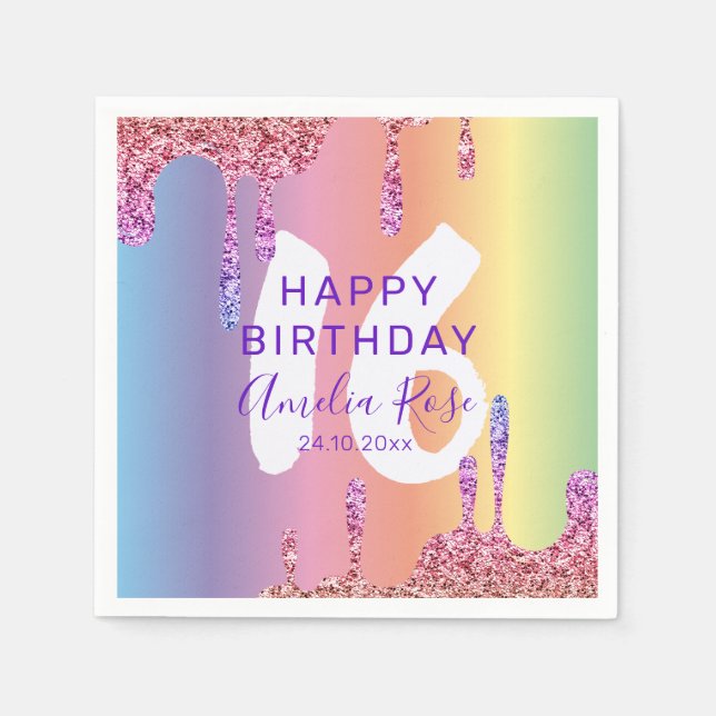 Colourful 16th Happy Birthday Glitter Drips Napkin (Front)
