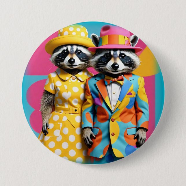 Colourful 1960's mod raccoons 7.5 cm round badge (Front)
