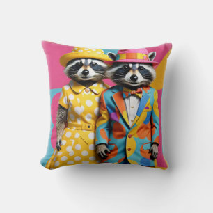Colourful 1960's mod raccoons cushion