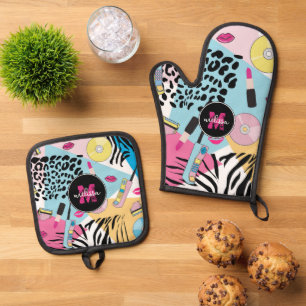 Colourful 1990's Nineties Pattern Monogram Oven Mitt & Pot Holder Set