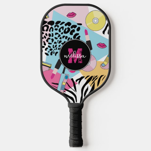 Colourful 1990's Nineties Pattern Monogram Pickleball Paddle (Front)