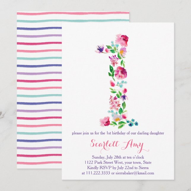 colourful 1st birthday invitations, pink purple invitation (Front/Back)