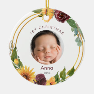 Colourful 1st Christmas Photo Sunflowers & Burgund Ceramic Tree Decoration