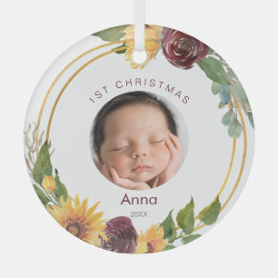 Colourful 1st Christmas Photo Sunflowers  Glass Tree Decoration