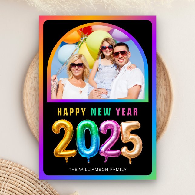 Colourful 2025 Balloon Happy New Year Photo Black Holiday Card (Creator Uploaded)