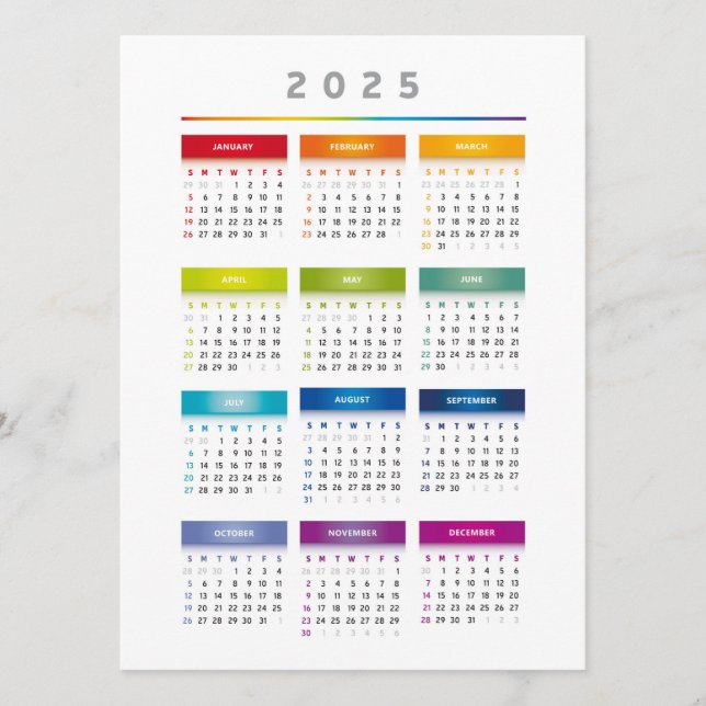 Colourful 2025 Calendar - Rainbow Colours 3 Column Menu (Front)