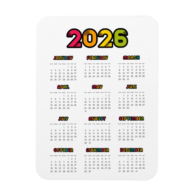 Colourful 2026 calendar magnet (Vertical)