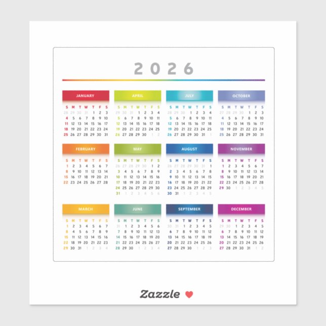 Colourful 2026 Calendar - Rainbow Colours 3 Column (Sheet)