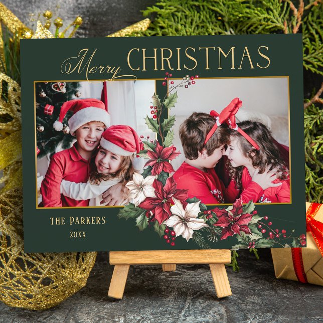 Colourful 2-Photo Merry Christmas Poinsettias Holiday Card (Creator Uploaded)